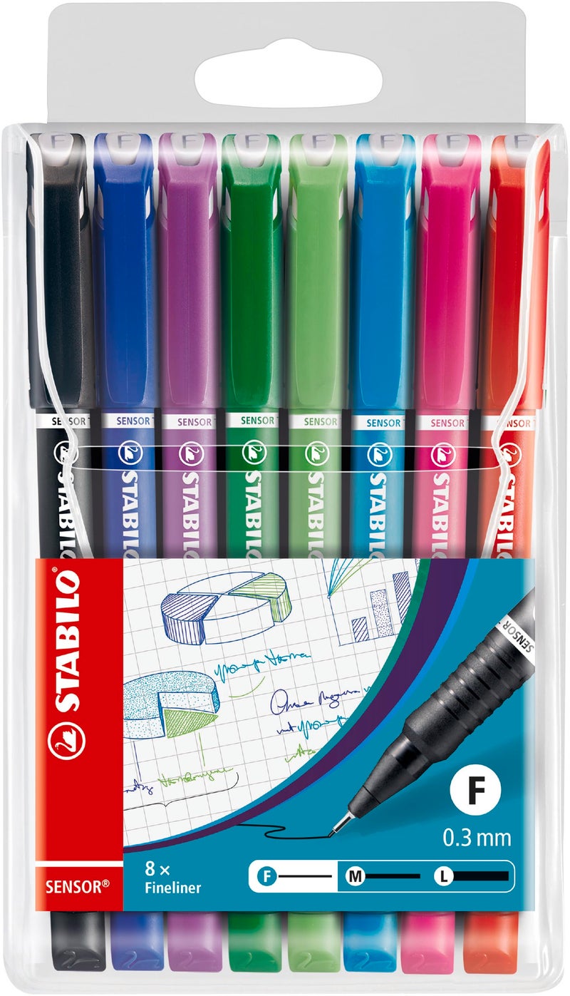 STABILO Fineliner with Cushioned F-Tip SENSOR F - Pack of 8, Assorted Colors, .3mm Fine Tip - Image 1